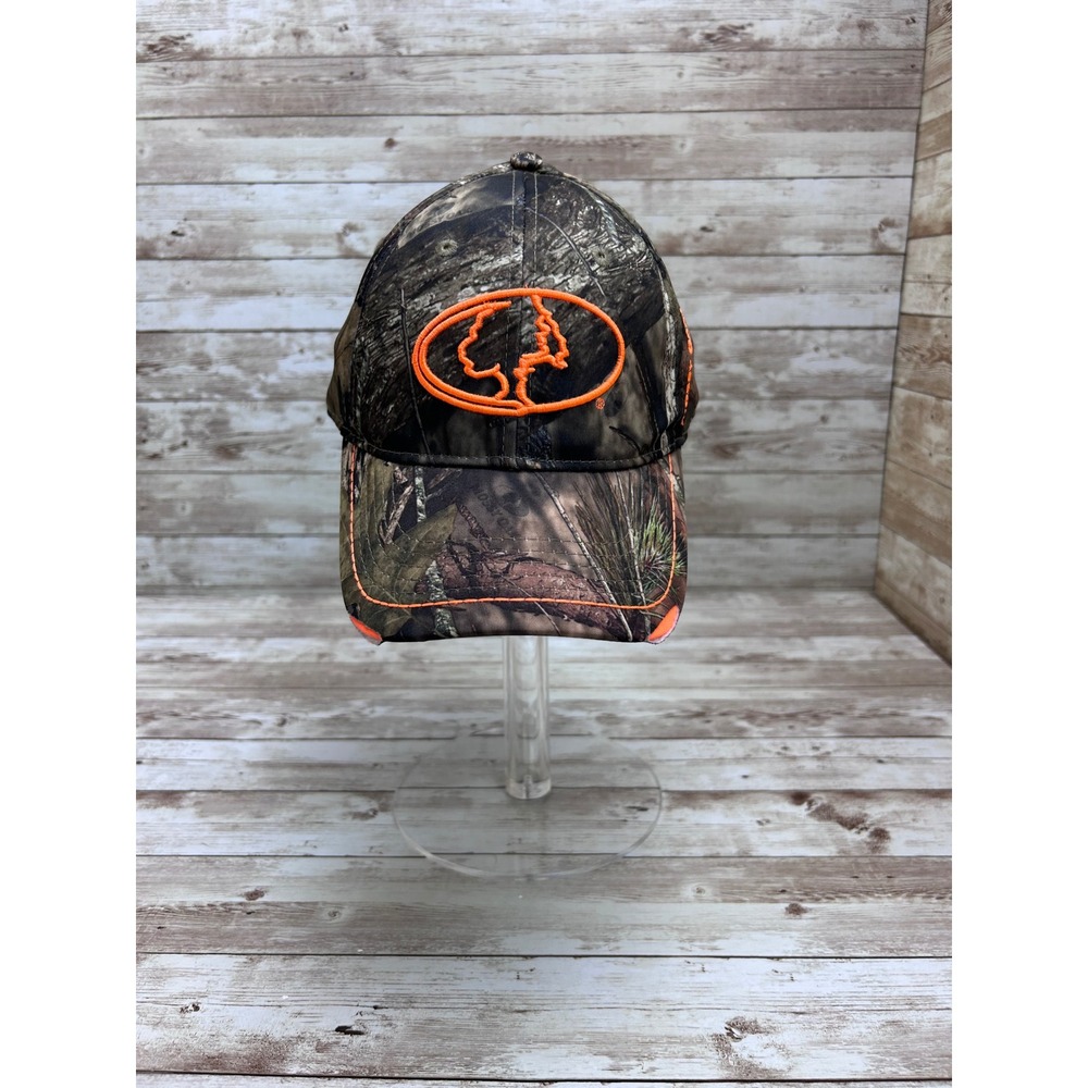Mossy Oak Baseball Cap Camo S/M Orange Logo Distressed Brim Hunting Fishing Hat